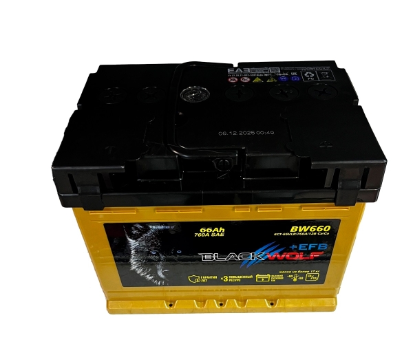 Аккумулятор, Black Wolf 066111K01BW EFB, 66 Ah, 760 А, обратная полярность
